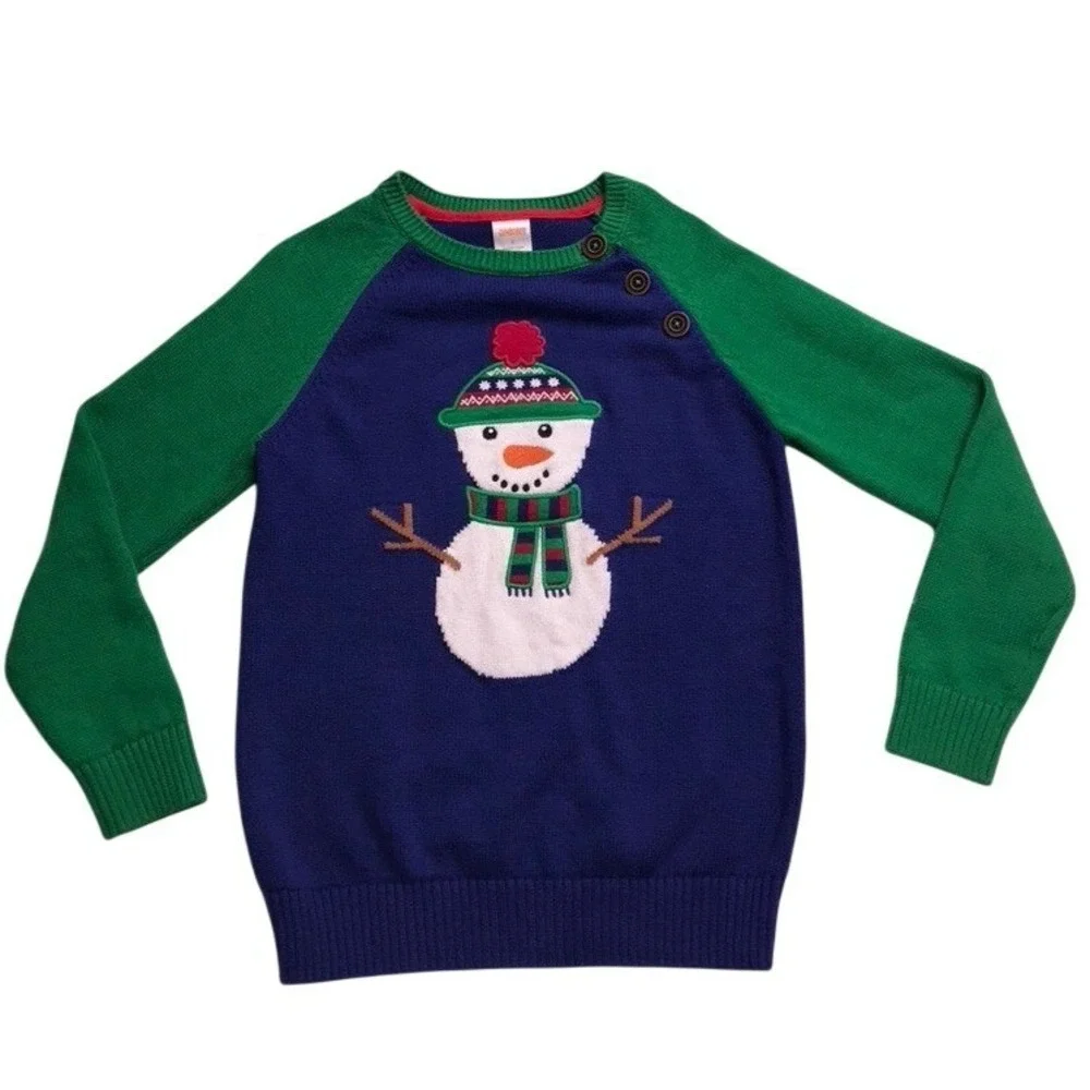 Gymboree‎ Kids Size 6 Snowman Cotton Knit Sweater Blue Green Holiday Christmas